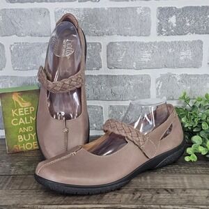 Hotter Shake Mary Jane Shoes Taupe Leather Braided Strap Womens 11 EU 43 UK 9